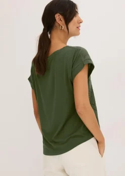 bonprix bonprix Camiseta con encaje calado caqui oscuro