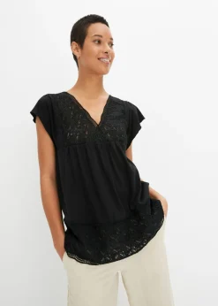 bonprix bonprix Camiseta con encaje en el escote Negro Discount