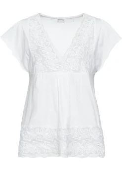 bonprix bonprix Camiseta con encaje en el escote Blanco Discount
