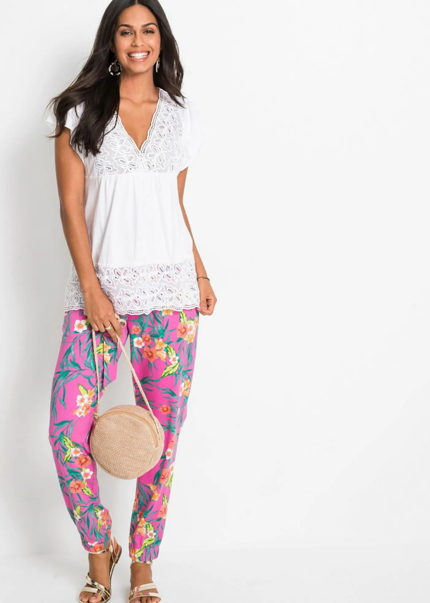 bonprix bonprix Camiseta con encaje en el escote Blanco Discount