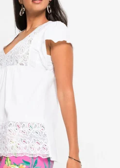 bonprix bonprix Camiseta con encaje en el escote Blanco Discount