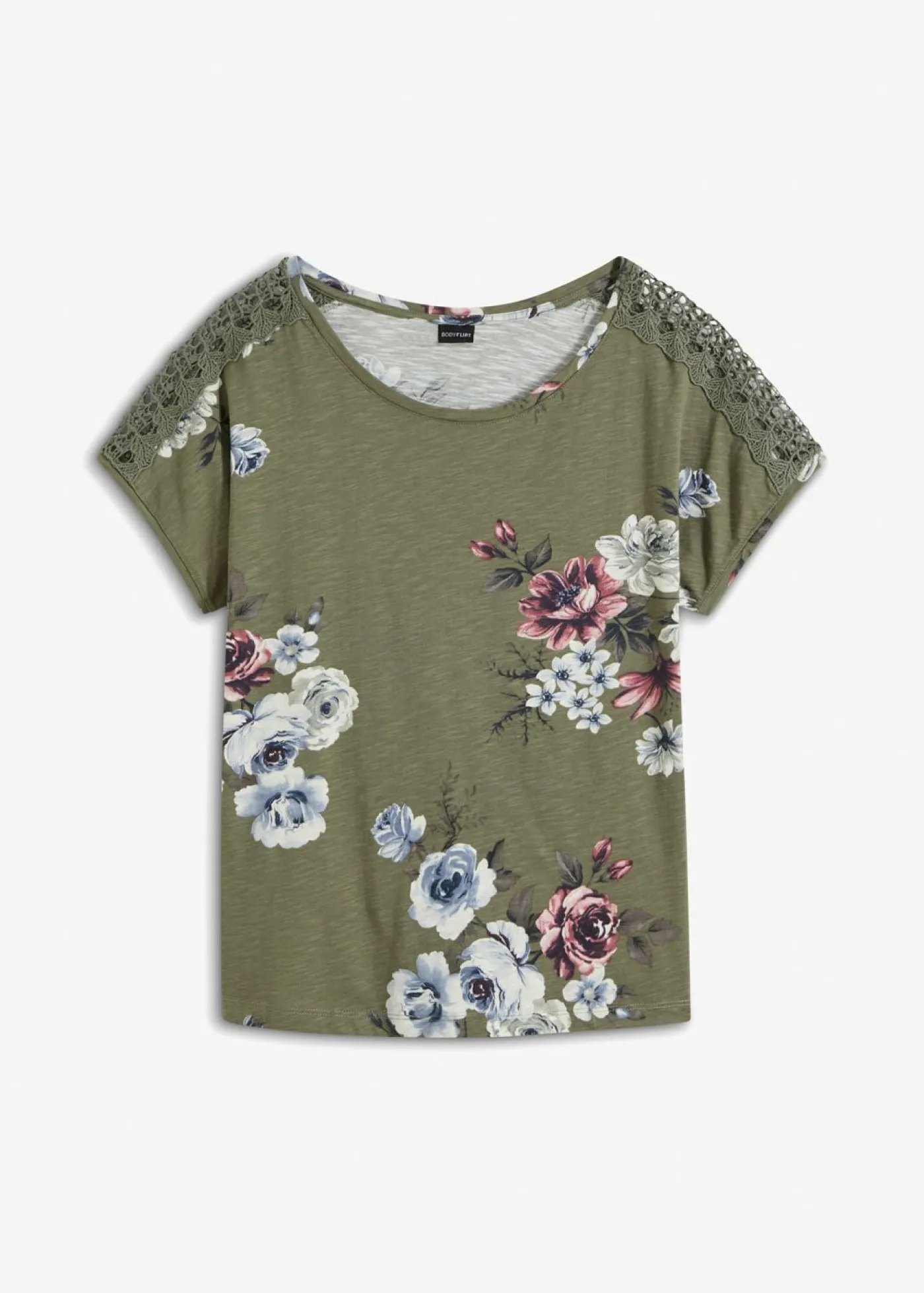 bonprix bonprix Camiseta con encaje estampada Verde oliva de flores