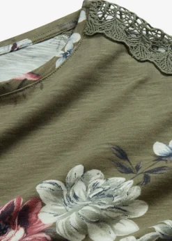 bonprix bonprix Camiseta con encaje estampada Verde oliva de flores