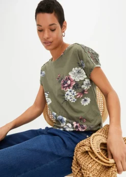 bonprix bonprix Camiseta con encaje estampada Verde oliva de flores