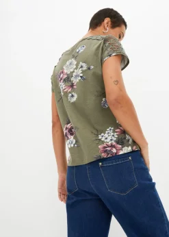 bonprix bonprix Camiseta con encaje estampada Verde oliva de flores