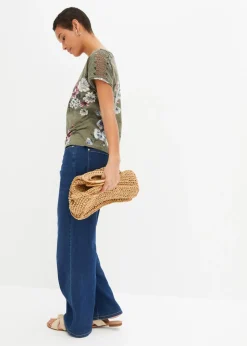 bonprix bonprix Camiseta con encaje estampada Verde oliva de flores
