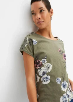 bonprix bonprix Camiseta con encaje estampada Verde oliva de flores