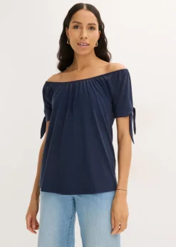 bonprix bonprix Camiseta con escote bañera y detalle de lazo Azul marino Clearance