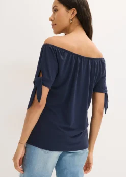 bonprix bonprix Camiseta con escote bañera y detalle de lazo Azul marino Clearance