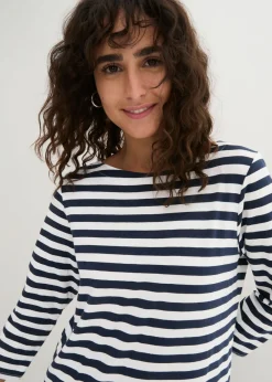 bonprix bonprix Camiseta con escote barco Blanco-azul marino con rayas Sale