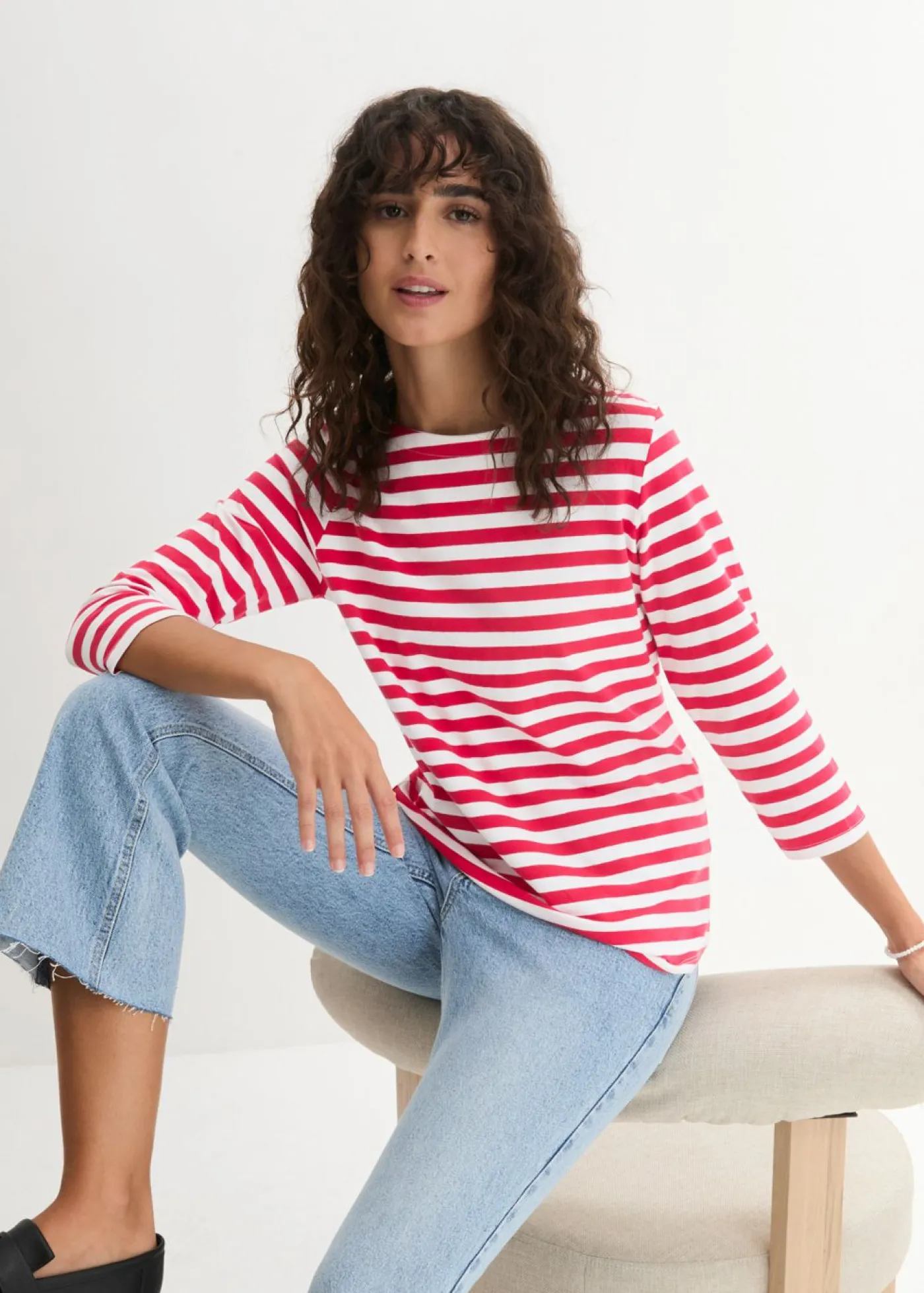 bonprix bonprix Camiseta con escote barco rojo/blanco con rayas Hot
