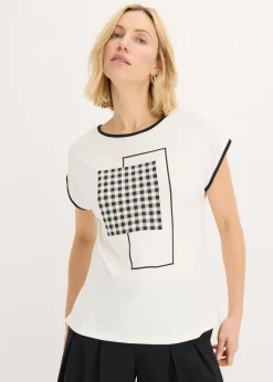 bonprix bonprix Camiseta con estampado colocado y ribete en contraste Blanco lana-negro