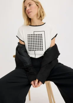 bonprix bonprix Camiseta con estampado colocado y ribete en contraste Blanco lana-negro