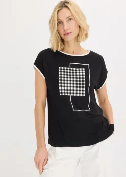 bonprix bonprix Camiseta con estampado colocado y ribete en contraste Negro-blanco lana Hot