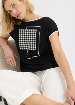bonprix bonprix Camiseta con estampado colocado y ribete en contraste Negro-blanco lana Hot