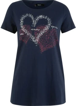 bonprix bonprix Camiseta con estampado de corazón de algodón orgánico Azul marino estampado