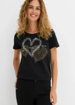 bonprix bonprix Camiseta con estampado de corazón de algodón orgánico Negro estampado Outlet