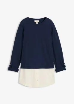 bonprix bonprix Camiseta con inserto de blusa de algodón orgánico puro Azul marino + blanco lana Outlet