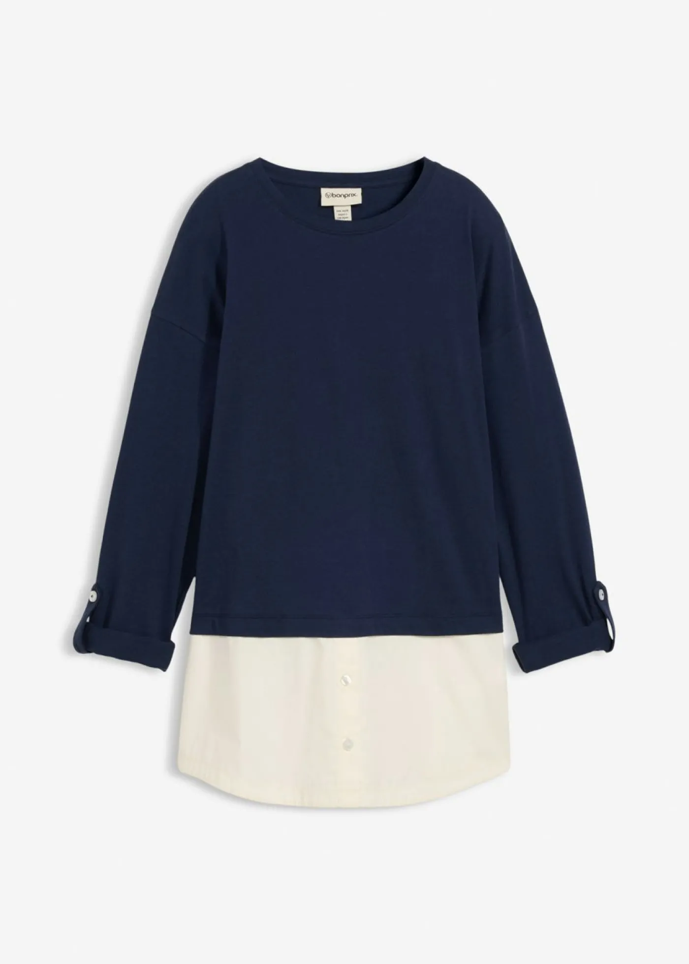 bonprix bonprix Camiseta con inserto de blusa de algodón orgánico puro Azul marino + blanco lana Outlet