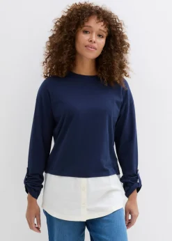 bonprix bonprix Camiseta con inserto de blusa de algodón orgánico puro Azul marino + blanco lana Outlet