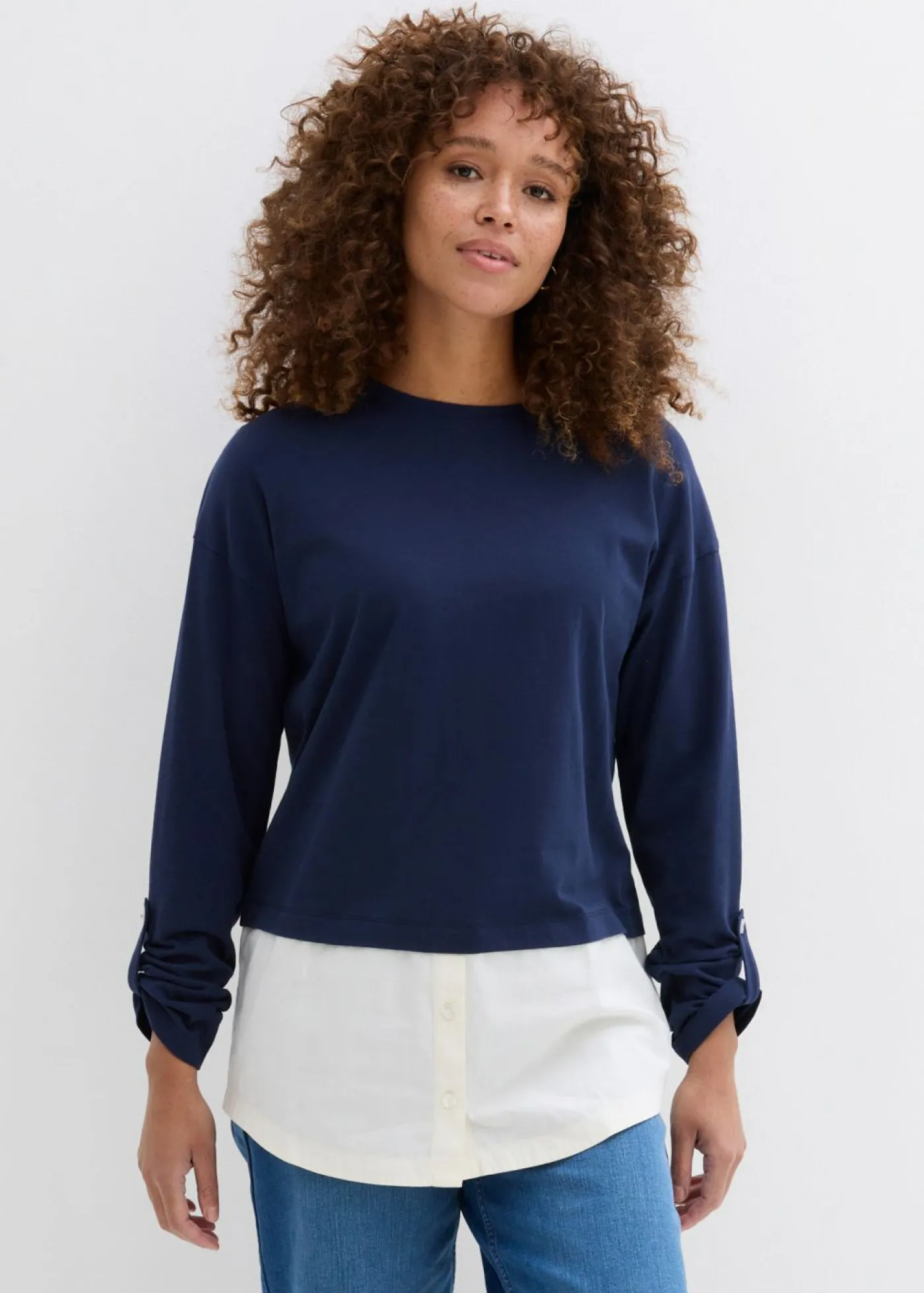bonprix bonprix Camiseta con inserto de blusa de algodón orgánico puro Azul marino + blanco lana Outlet