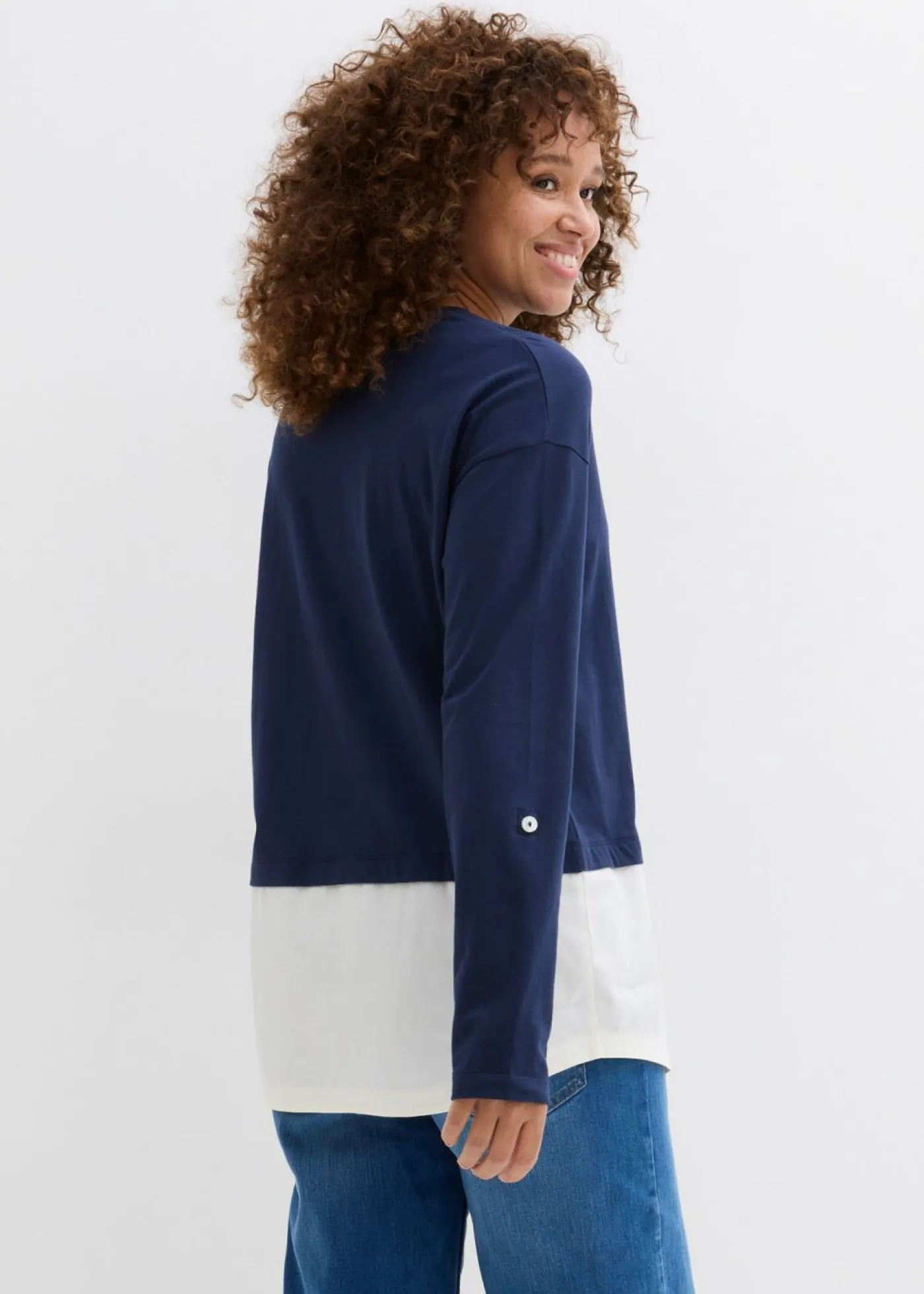 bonprix bonprix Camiseta con inserto de blusa de algodón orgánico puro Azul marino + blanco lana Outlet