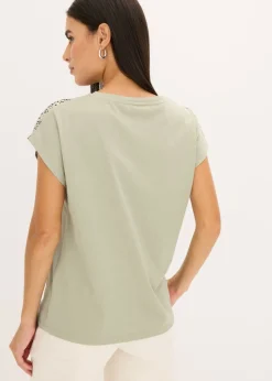 bonprix bonprix Camiseta con inserto de malla y piedras brillantes Verde alga Best