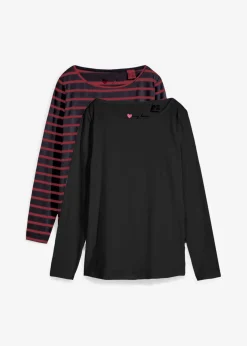 bonprix bonprix Camiseta con manga larga y escote barco (2 unidades) negro / rubí Discount