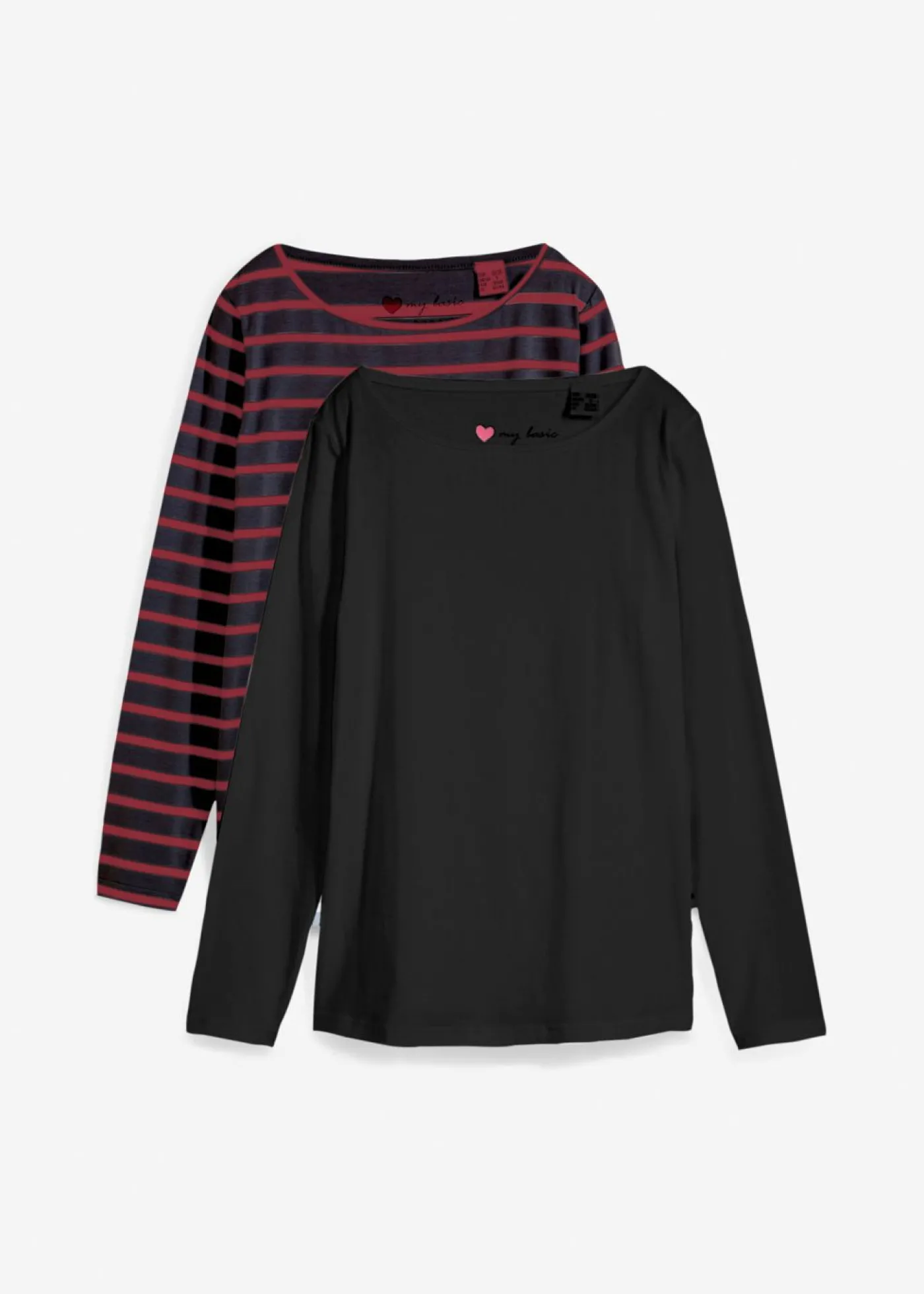 bonprix bonprix Camiseta con manga larga y escote barco (2 unidades) negro / rubí Discount