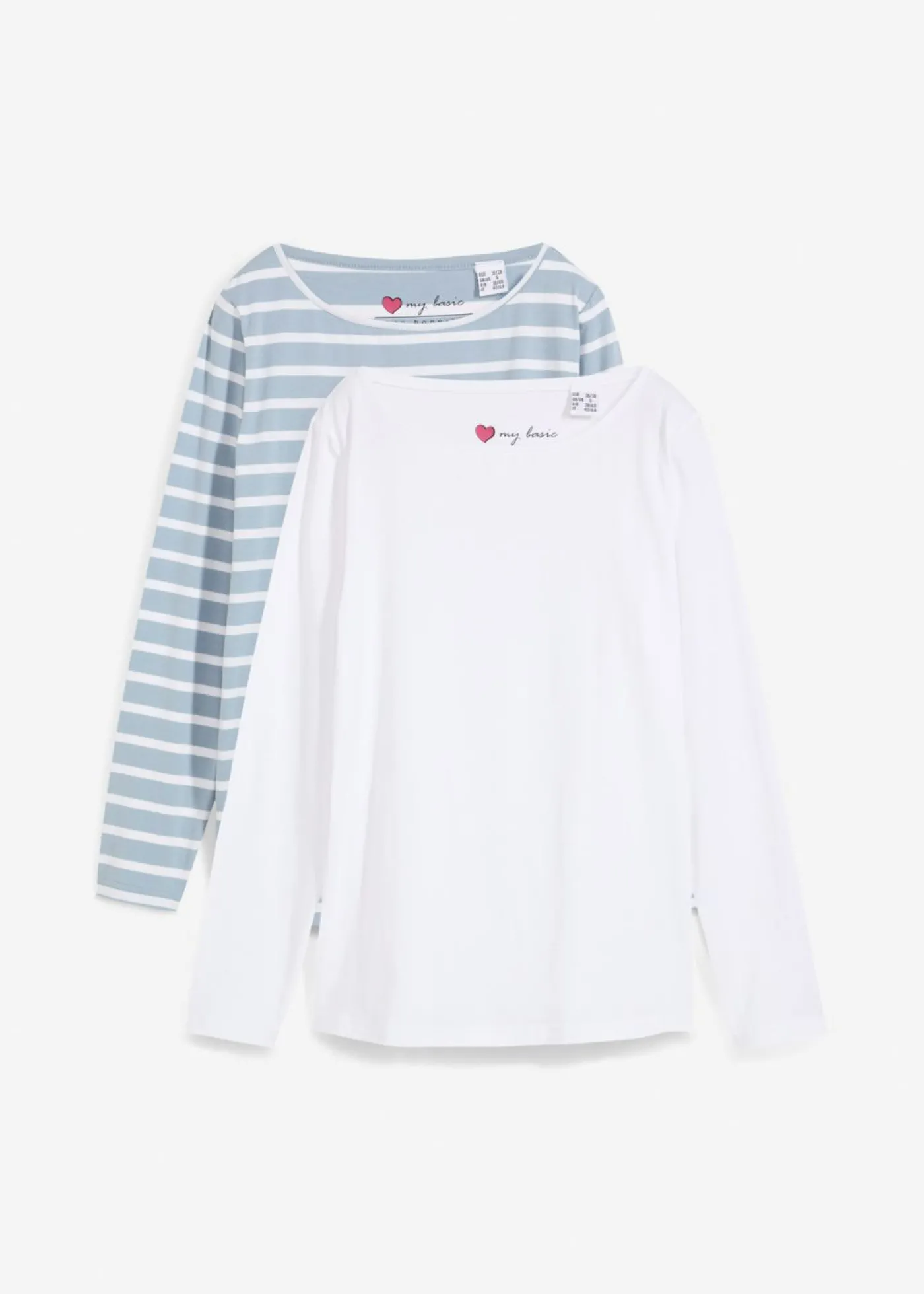 bonprix bonprix Camiseta con manga larga y escote barco (2 unidades) Azul suave/blanco con rayas verticales + blanco Discount