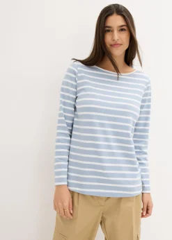 bonprix bonprix Camiseta con manga larga y escote barco (2 unidades) Azul suave/blanco con rayas verticales + blanco Discount