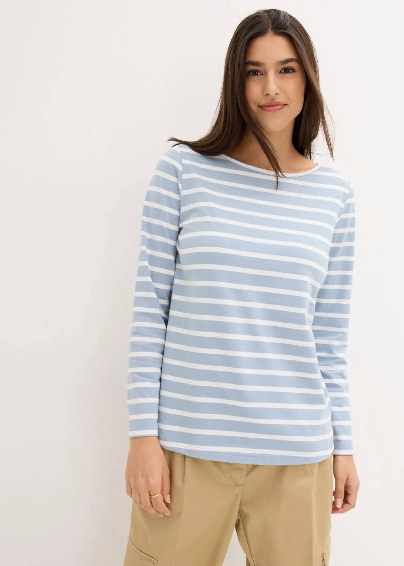 bonprix bonprix Camiseta con manga larga y escote barco (2 unidades) Azul suave/blanco con rayas verticales + blanco Discount