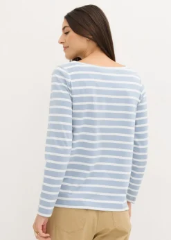 bonprix bonprix Camiseta con manga larga y escote barco (2 unidades) Azul suave/blanco con rayas verticales + blanco Discount
