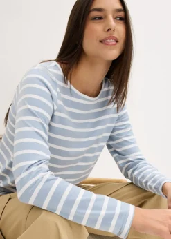 bonprix bonprix Camiseta con manga larga y escote barco (2 unidades) Azul suave/blanco con rayas verticales + blanco Discount