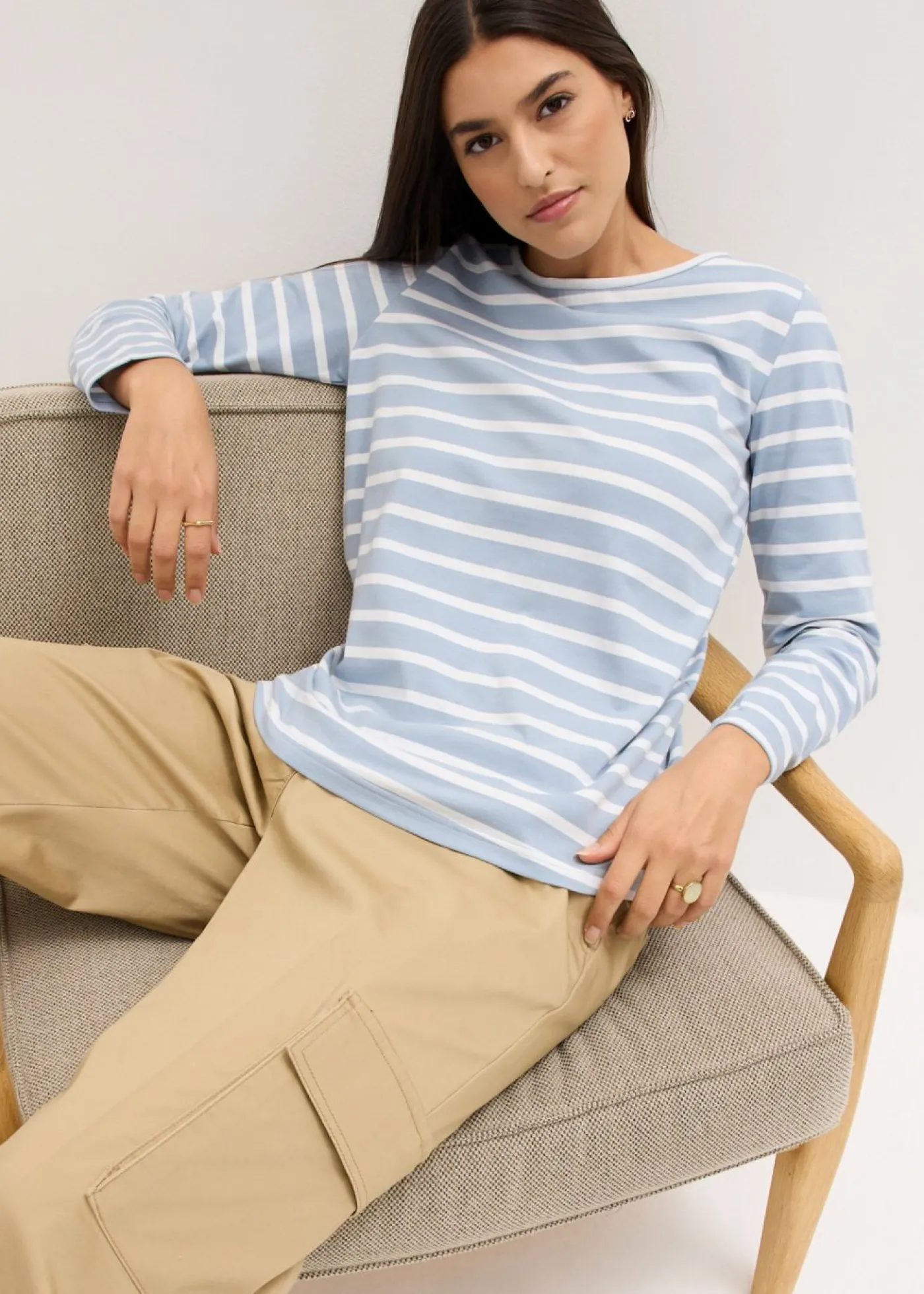 bonprix bonprix Camiseta con manga larga y escote barco (2 unidades) Azul suave/blanco con rayas verticales + blanco Discount
