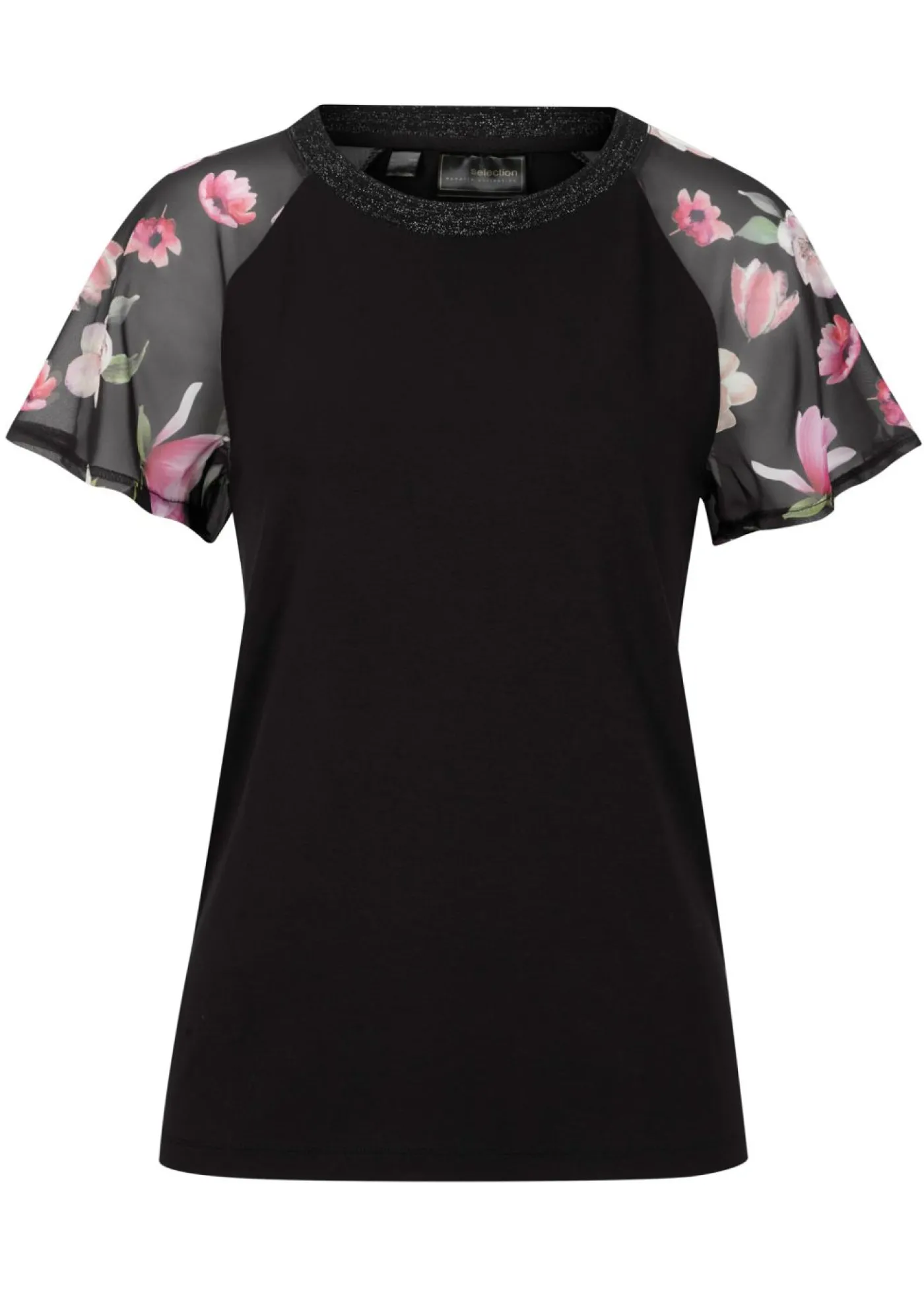 bonprix bonprix Camiseta con mangas de gasa Negro de flores Online