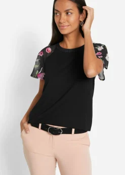 bonprix bonprix Camiseta con mangas de gasa Negro de flores Online