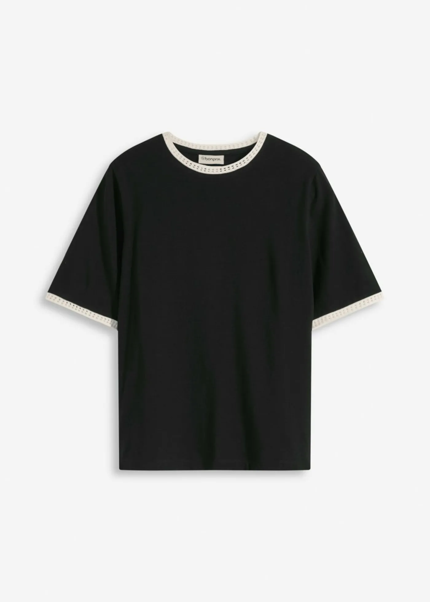 bonprix bonprix Camiseta con ribete de encaje Negro-blanco lana Sale