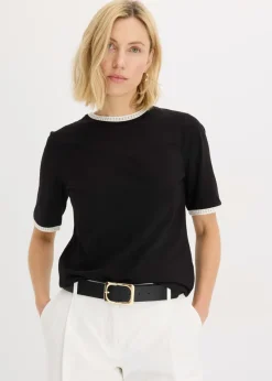 bonprix bonprix Camiseta con ribete de encaje Negro-blanco lana Sale