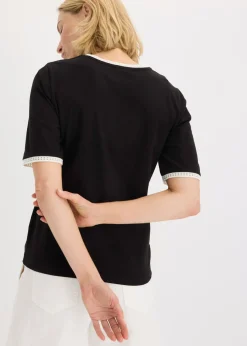 bonprix bonprix Camiseta con ribete de encaje Negro-blanco lana Sale