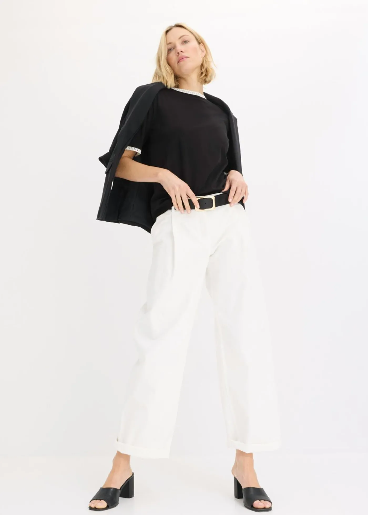 bonprix bonprix Camiseta con ribete de encaje Negro-blanco lana Sale