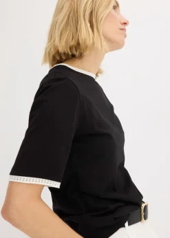 bonprix bonprix Camiseta con ribete de encaje Negro-blanco lana Sale