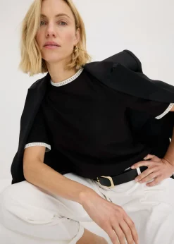 bonprix bonprix Camiseta con ribete de encaje Negro-blanco lana Sale