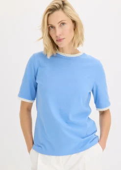 bonprix bonprix Camiseta con ribete de encaje azul provenzal-blanco lana Clearance