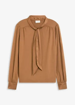 bonprix bonprix Camiseta con viscosa y lazo de satén marrón pimienta Sale