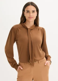 bonprix bonprix Camiseta con viscosa y lazo de satén marrón pimienta Sale