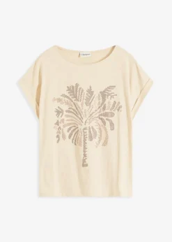 bonprix bonprix Camiseta de algodón con aplicación de tachuelas Arena claro Hot
