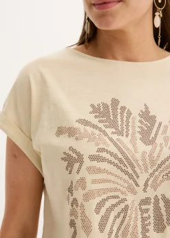 bonprix bonprix Camiseta de algodón con aplicación de tachuelas Arena claro Hot