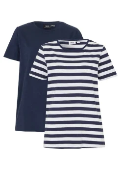 bonprix bonprix Camiseta de algodón con cuello redondo (2 unidades) Blanco-azul marino con rayas