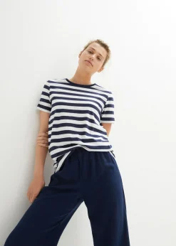 bonprix bonprix Camiseta de algodón con cuello redondo (2 unidades) Blanco-azul marino con rayas